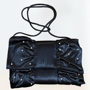 Vintage La Regale 1980s Black Clutch Purse Rhinestone Bow tie W/ strap